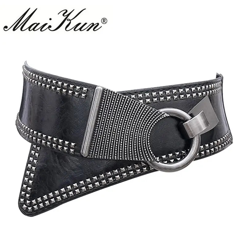 Maikun Fashion Punk Rocker Wide Belts for Women Elastic Wide European Style Women Belts Metal Round Buckle