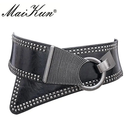 Maikun Fashion Punk Rocker Wide Belts for Women Elastic Wide European Style Women Belts Metal Round Buckle