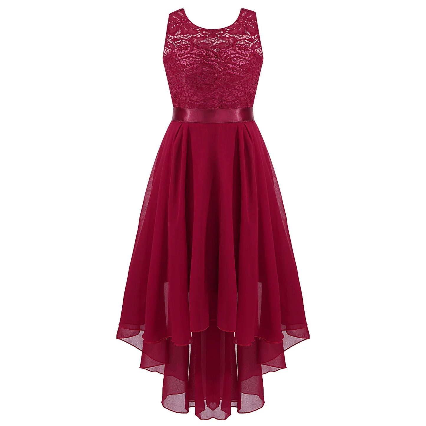 Teen Girls Elegant Scoop Neck Floral Lace Formal Wedding Party Dress Flower Girls Long Sleeve High-Low Chiffon Bridesmaid Dress