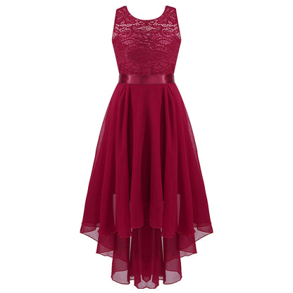 Teen Girls Elegant Scoop Neck Floral Lace Formal Wedding Party Dress Flower Girls Long Sleeve High-Low Chiffon Bridesmaid Dress