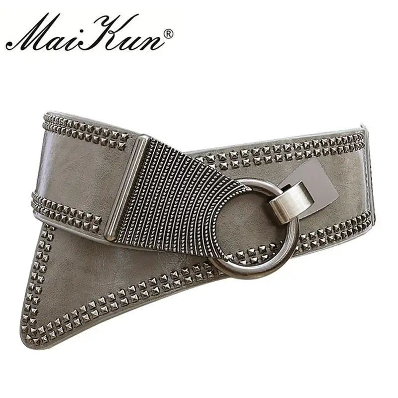 Maikun Fashion Punk Rocker Wide Belts for Women Elastic Wide European Style Women Belts Metal Round Buckle