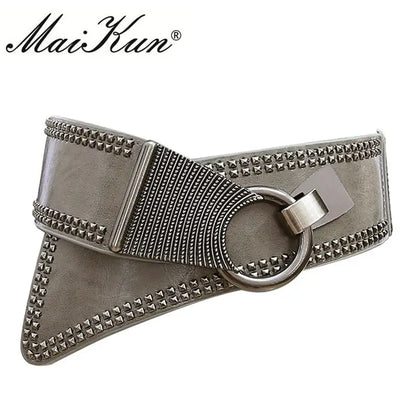 Maikun Fashion Punk Rocker Wide Belts for Women Elastic Wide European Style Women Belts Metal Round Buckle