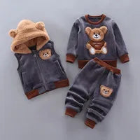 Baby Boy Clothes 2023 Autumn Cotton Thick Warm Casual Hooded Sweater Winter Cartoon Cute Bear Three-Piece Baby Girl Suit 0-5Y