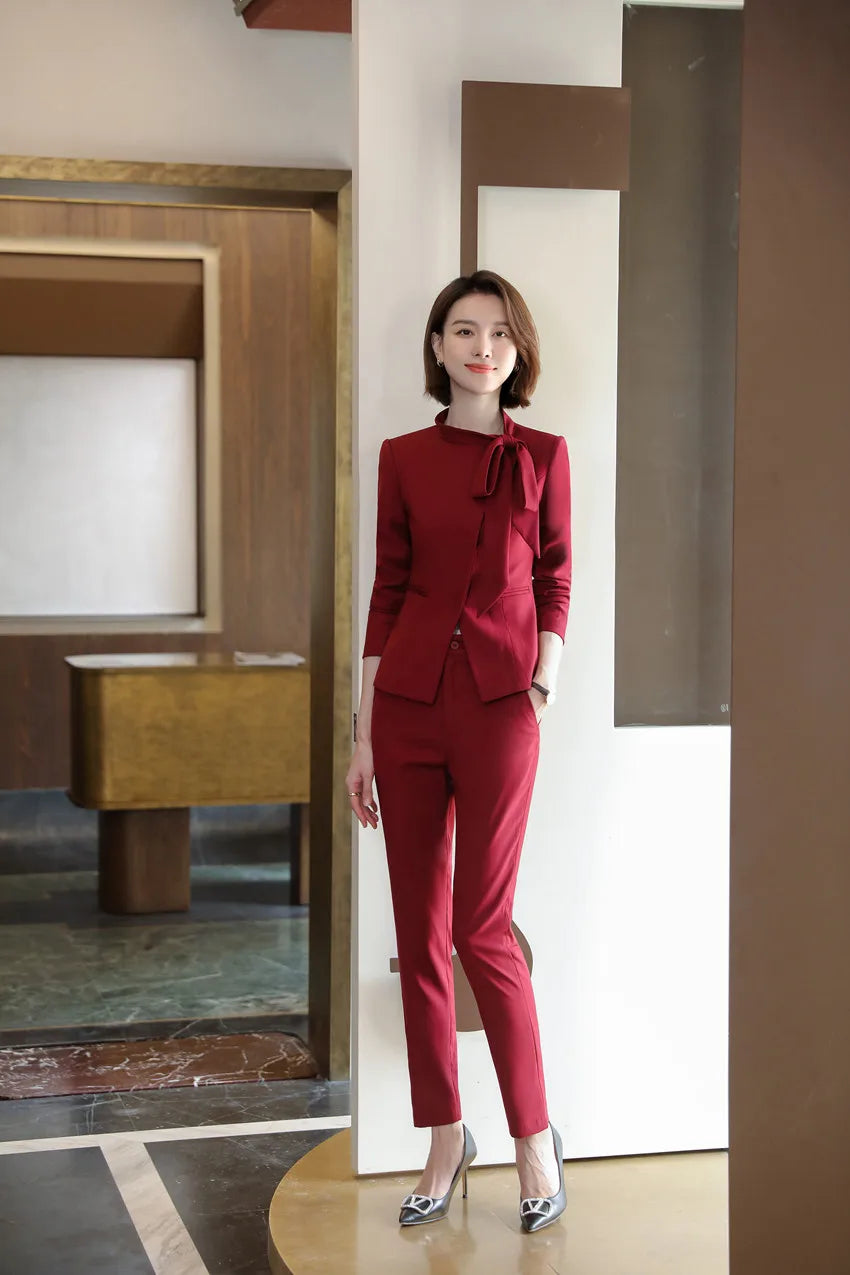 Red Suits Women High End New Business Fashion Temperament Bow Design Long Sleeve Formal Blazer And Skirt Office Ladies Work Wear