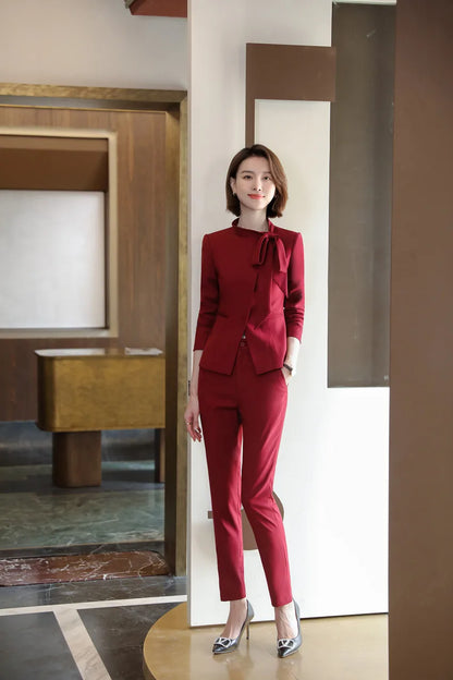 Red Suits Women High End New Business Fashion Temperament Bow Design Long Sleeve Formal Blazer And Skirt Office Ladies Work Wear