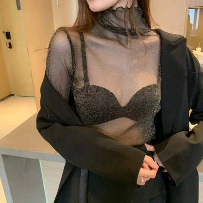 Girls Mesh Blouses Tees Female Autumn Transparent Full Sleeve Elegant Stretchy Turtleneck Shirts Tops Undershirts For Women