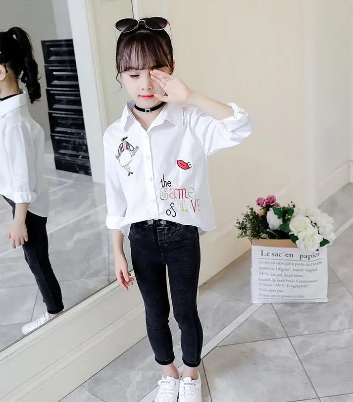 Girls White Blouse Fall Cute Long Sleeves Children Cartoon Shirts Girl Blouses Cat Teenager School Clothes Kids Top girl clothes