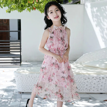 Girls Flower Bohemian Summer Dress ChildKids Girl Beach Dresses Chiffon Dresses Floral Teenager Girl's Clothes 6 8 10 12 14 Year