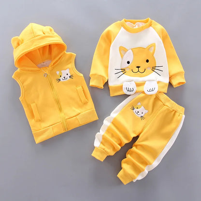 Baby Boy Clothes 2023 Autumn Cotton Thick Warm Casual Hooded Sweater Winter Cartoon Cute Bear Three-Piece Baby Girl Suit 0-5Y