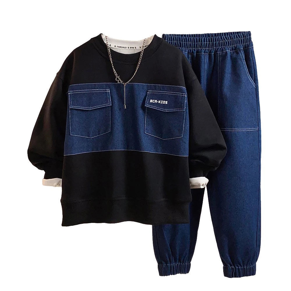 BCA Teen Boy Casual Children's Clothing Boys'Long Sleeved Denim Top with Letter Print Autumn Sports Suit for 5-Year-Olds Younger