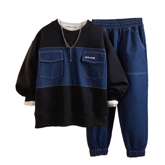 BCA Teen Boy Casual Children's Clothing Boys'Long Sleeved Denim Top with Letter Print Autumn Sports Suit for 5-Year-Olds Younger