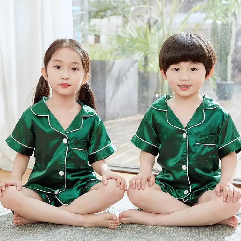 2025 new girls summer Lapel Solid color silk short-sleeved shorts pajamas set children's home wear toddler boy pajamas suit3-14Y