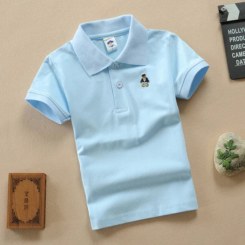 Boys Teens Short Sleeve Shirt 2023 Summer Fashion Cartoon Bear Embroidery School Clothes Little Girl Polo Shirts 2-14 Years Tops