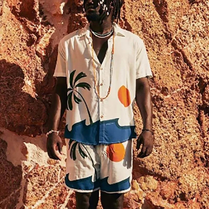 2026 Summer Men Beach Sets Streetwear Short Sleeve Lapel Shirt Printed Shorts Breathable Casual Men Hawaiian Suits 2 Pieces