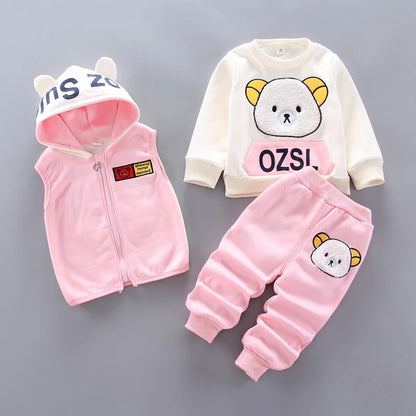 Baby Boy Clothes 2023 Autumn Cotton Thick Warm Casual Hooded Sweater Winter Cartoon Cute Bear Three-Piece Baby Girl Suit 0-5Y