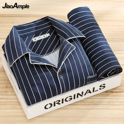 100% High-end Pajamas Men's Spring Autumn Striped Long-sleeved Trousers Pijamas Two-piece 2025 New Loose Nightwear Homewear Set