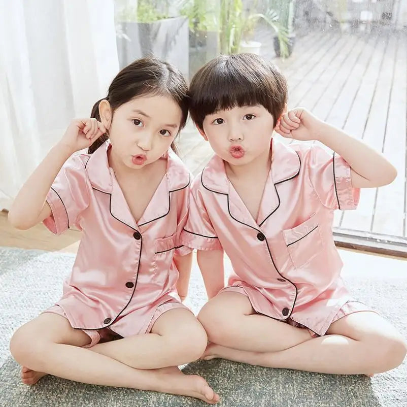 2025 new girls summer Lapel Solid color silk short-sleeved shorts pajamas set children's home wear toddler boy pajamas suit3-14Y