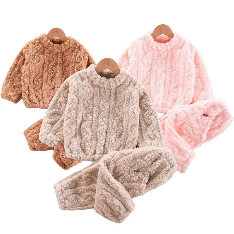 Girls Warm Pajama Clothing Sets Autumn Winter Kids Plus Velvets Suits Teen Boys Fashion Print Pullover+Pants 2Pcs Outfits 1-14 Y