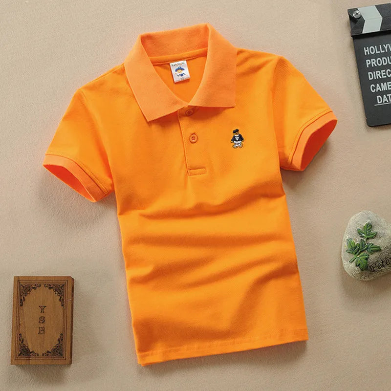 Boys Teens Short Sleeve Shirt 2023 Summer Fashion Cartoon Bear Embroidery School Clothes Little Girl Polo Shirts 2-14 Years Tops