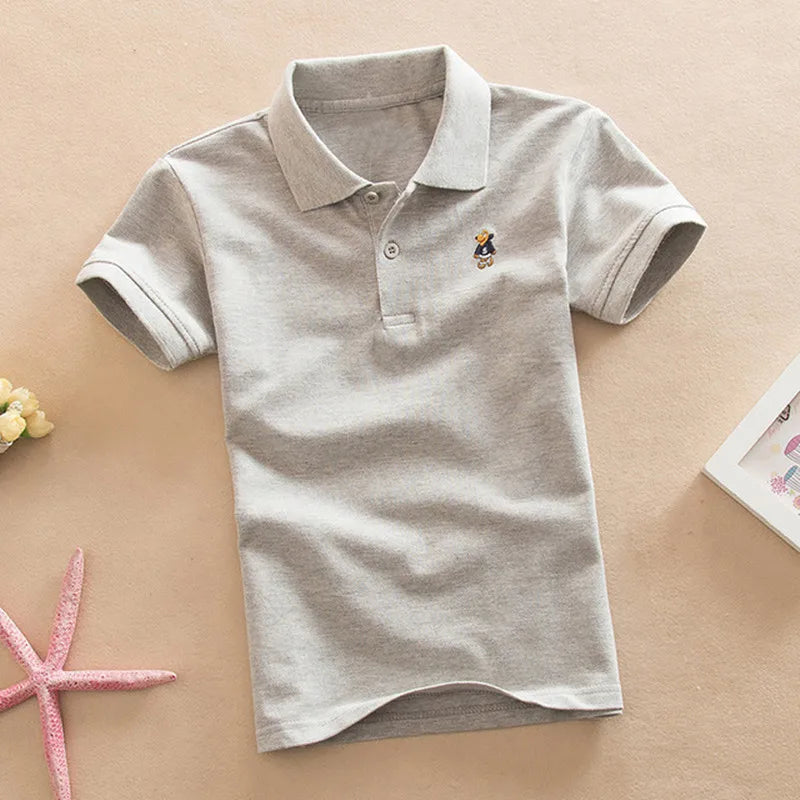 Boys Teens Short Sleeve Shirt 2023 Summer Fashion Cartoon Bear Embroidery School Clothes Little Girl Polo Shirts 2-14 Years Tops