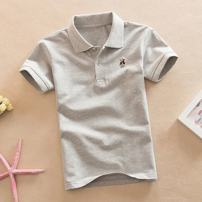 Boys Teens Short Sleeve Shirt 2023 Summer Fashion Cartoon Bear Embroidery School Clothes Little Girl Polo Shirts 2-14 Years Tops