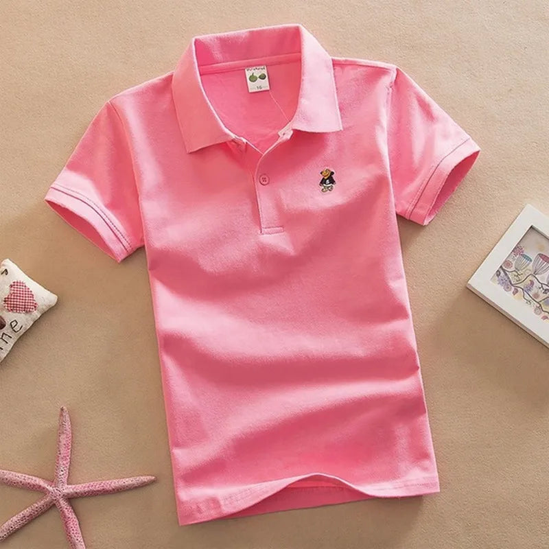 Boys Teens Short Sleeve Shirt 2023 Summer Fashion Cartoon Bear Embroidery School Clothes Little Girl Polo Shirts 2-14 Years Tops