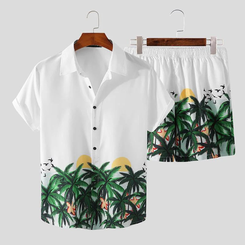 2026 Summer Men Beach Sets Streetwear Short Sleeve Lapel Shirt Printed Shorts Breathable Casual Men Hawaiian Suits 2 Pieces
