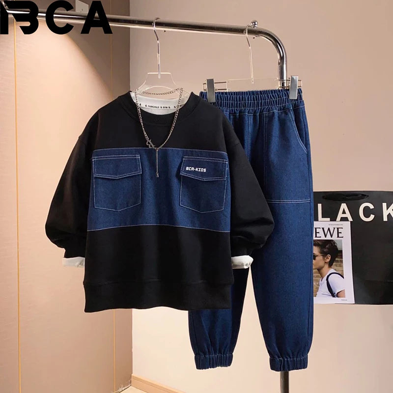 BCA Teen Boy Casual Children's Clothing Boys'Long Sleeved Denim Top with Letter Print Autumn Sports Suit for 5-Year-Olds Younger