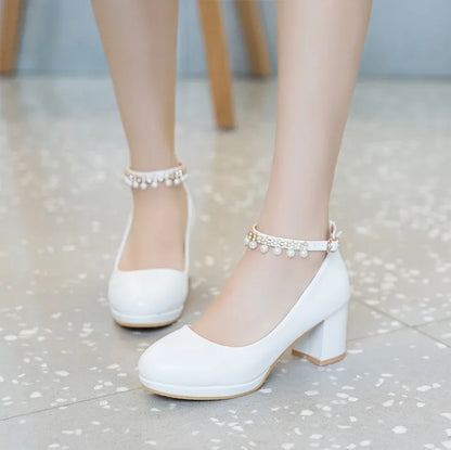 Children Girls High heel Shoes For Kids Princess Sandals Fashion  Pearl Thick Heel Shallow Female High heels For Party Wedding