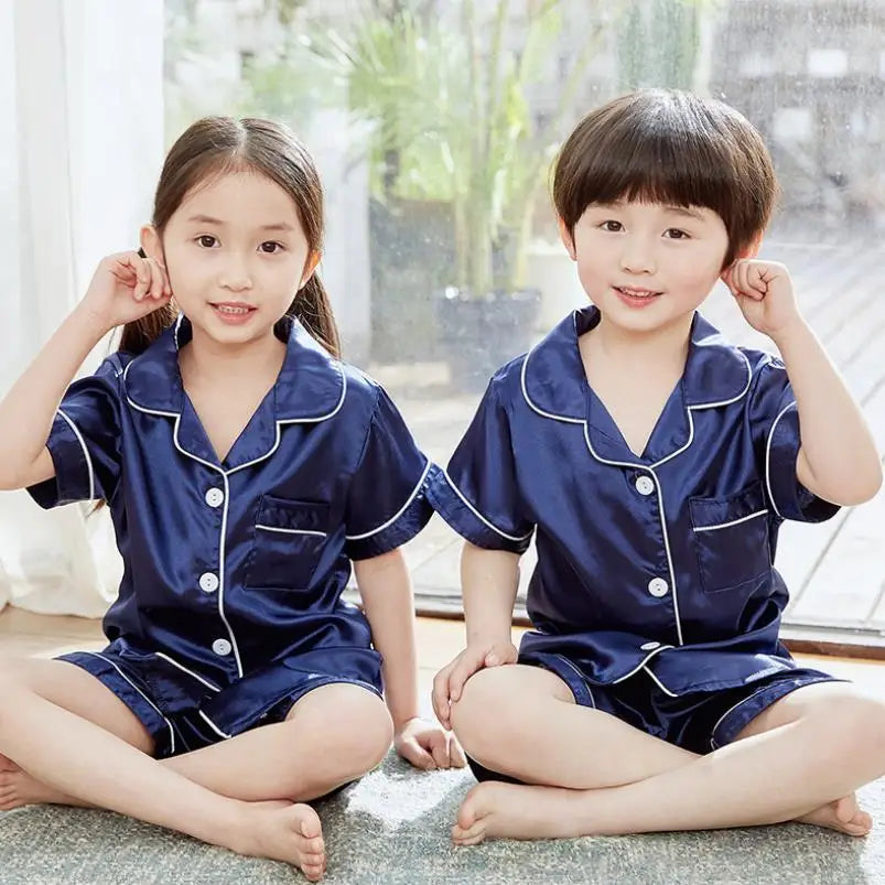 2025 new girls summer Lapel Solid color silk short-sleeved shorts pajamas set children's home wear toddler boy pajamas suit3-14Y