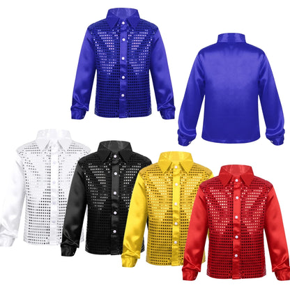 Kids Boys Shirts Shiny Sequined Long Sleeve Shirt Tops For Choir Jazz Street Dance Wear Child Dance Shirts Performance Costumes