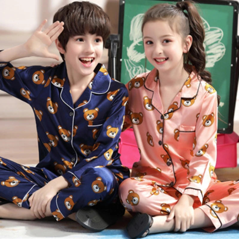 New Lapel Printed set Long-Sleeved Pajamas Set Girls Bear Cartoon Children's Home Wear Toddler Boy Pyjamas Pjs for Kids