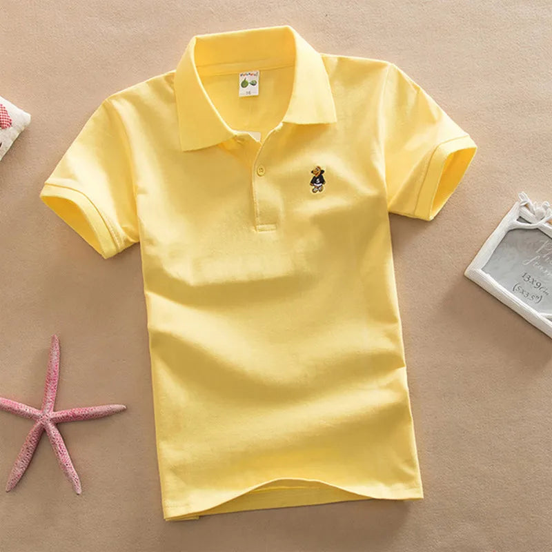 Boys Teens Short Sleeve Shirt 2023 Summer Fashion Cartoon Bear Embroidery School Clothes Little Girl Polo Shirts 2-14 Years Tops