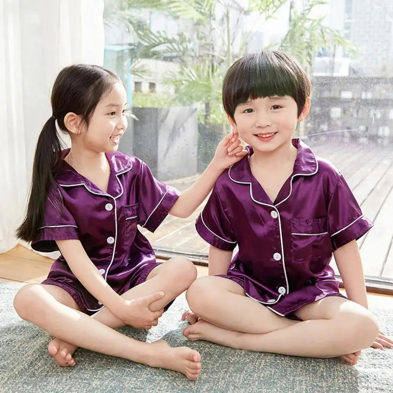 2025 new girls summer Lapel Solid color silk short-sleeved shorts pajamas set children's home wear toddler boy pajamas suit3-14Y