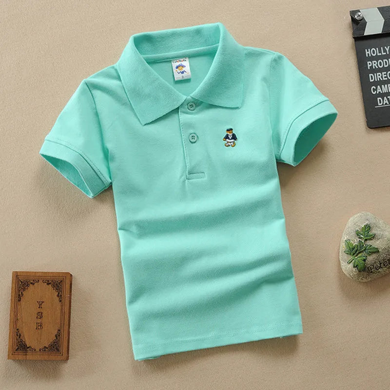 Boys Teens Short Sleeve Shirt 2023 Summer Fashion Cartoon Bear Embroidery School Clothes Little Girl Polo Shirts 2-14 Years Tops