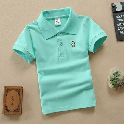 Boys Teens Short Sleeve Shirt 2023 Summer Fashion Cartoon Bear Embroidery School Clothes Little Girl Polo Shirts 2-14 Years Tops
