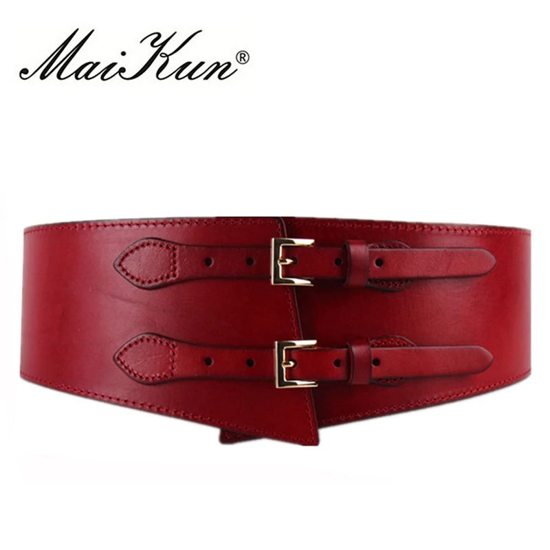 MaiKun Wide Belts for Women Luxury Cowhide Double Retro Pin Buckle Women Belts for Dress Female Waistband