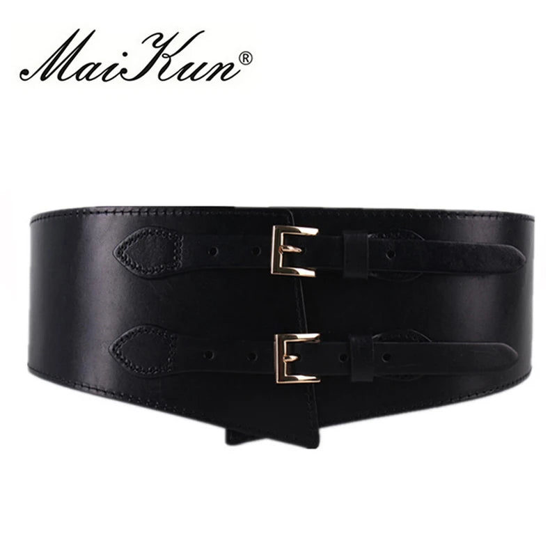 MaiKun Wide Belts for Women Luxury Cowhide Double Retro Pin Buckle Women Belts for Dress Female Waistband