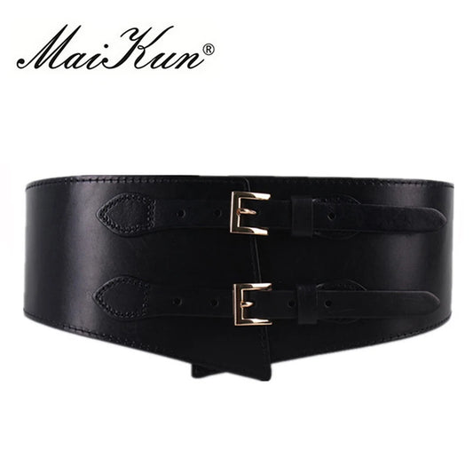 MaiKun Wide Belts for Women Luxury Cowhide Double Retro Pin Buckle Women Belts for Dress Female Waistband