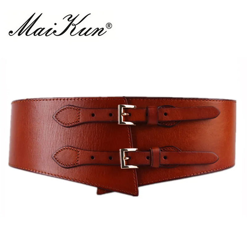 MaiKun Wide Belts for Women Luxury Cowhide Double Retro Pin Buckle Women Belts for Dress Female Waistband