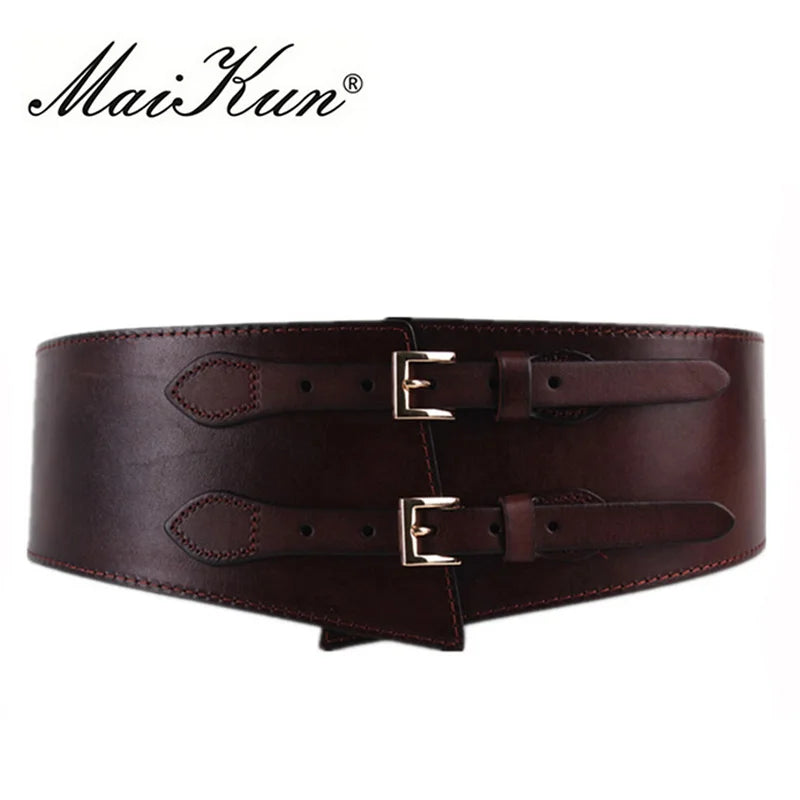 MaiKun Wide Belts for Women Luxury Cowhide Double Retro Pin Buckle Women Belts for Dress Female Waistband