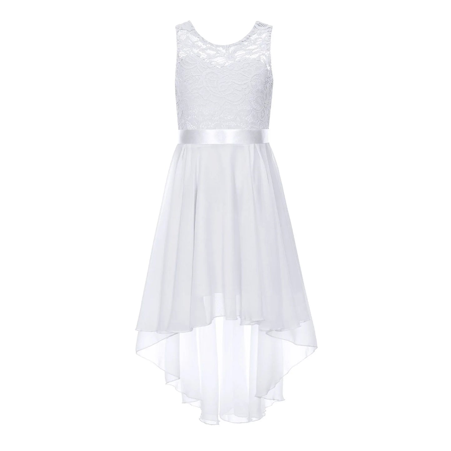 Teen Girls Elegant Scoop Neck Floral Lace Formal Wedding Party Dress Flower Girls Long Sleeve High-Low Chiffon Bridesmaid Dress