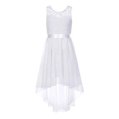 Teen Girls Elegant Scoop Neck Floral Lace Formal Wedding Party Dress Flower Girls Long Sleeve High-Low Chiffon Bridesmaid Dress