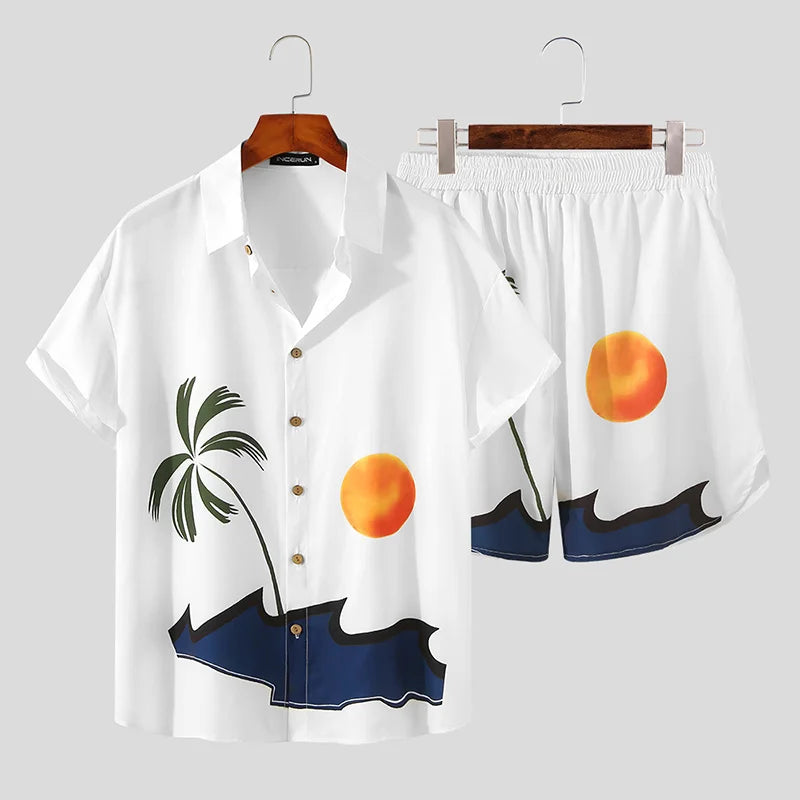 2026 Summer Men Beach Sets Streetwear Short Sleeve Lapel Shirt Printed Shorts Breathable Casual Men Hawaiian Suits 2 Pieces