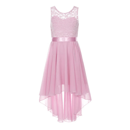Teen Girls Elegant Scoop Neck Floral Lace Formal Wedding Party Dress Flower Girls Long Sleeve High-Low Chiffon Bridesmaid Dress