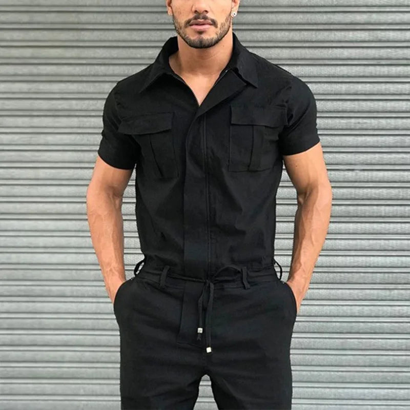 New Men Pants Casual One-piece Suit Spring Summer Men Fashion Jumpsuits Short Sleeve Belt  Men Clothing Solid Jumpsuits