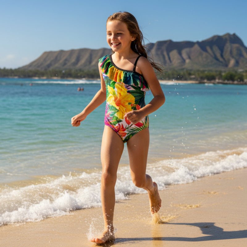 Hawaiian Style One Piece Girls Ruffled Swimsuit