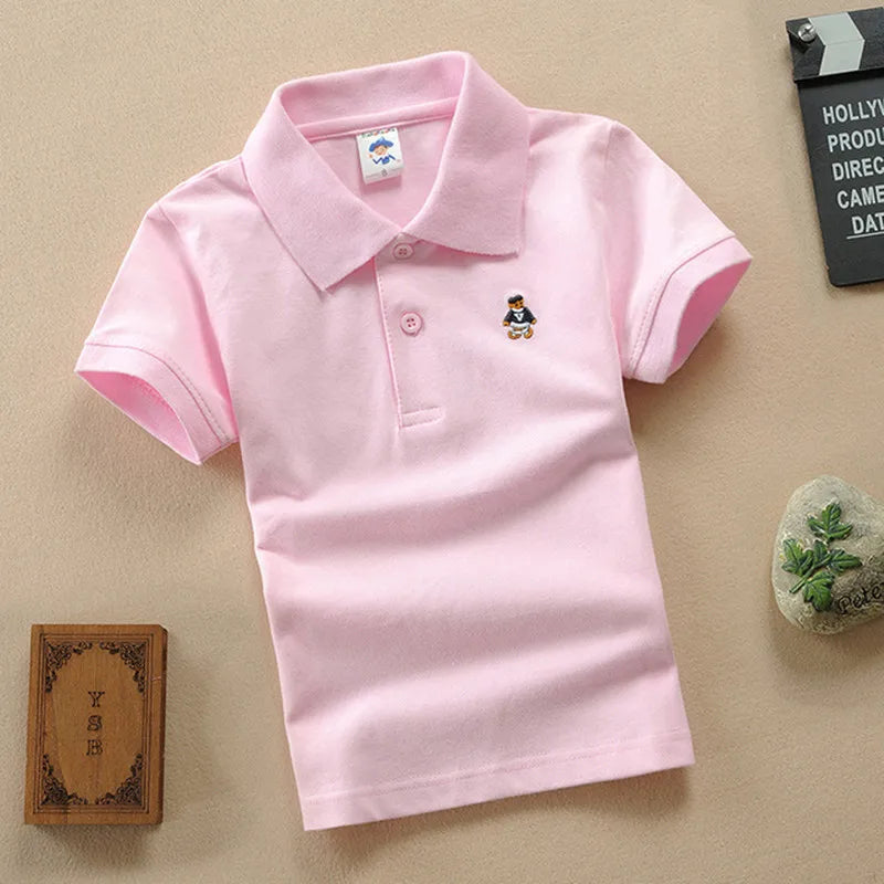 Boys Teens Short Sleeve Shirt 2023 Summer Fashion Cartoon Bear Embroidery School Clothes Little Girl Polo Shirts 2-14 Years Tops