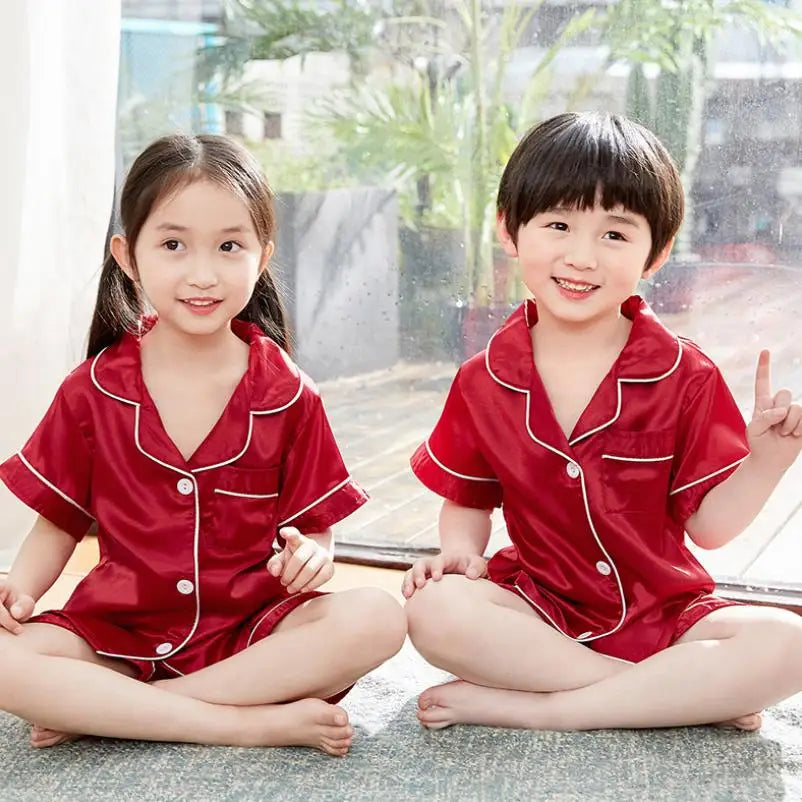 2025 new girls summer Lapel Solid color silk short-sleeved shorts pajamas set children's home wear toddler boy pajamas suit3-14Y