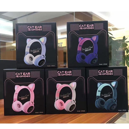 STEVVEX New Luxury Interesting LED Cat Ear Noise Cancelling Headphones Bluetooth 5.0  For Young People and  Kids Headset Support TF Card 3.5mm Plug With Mic